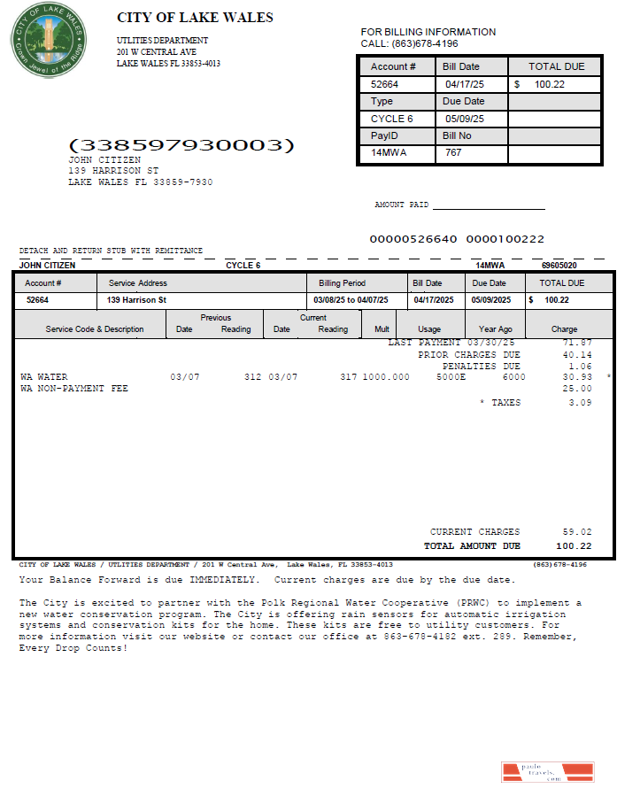 USA City of Lake Wales utility bill template in Word and PDF formats